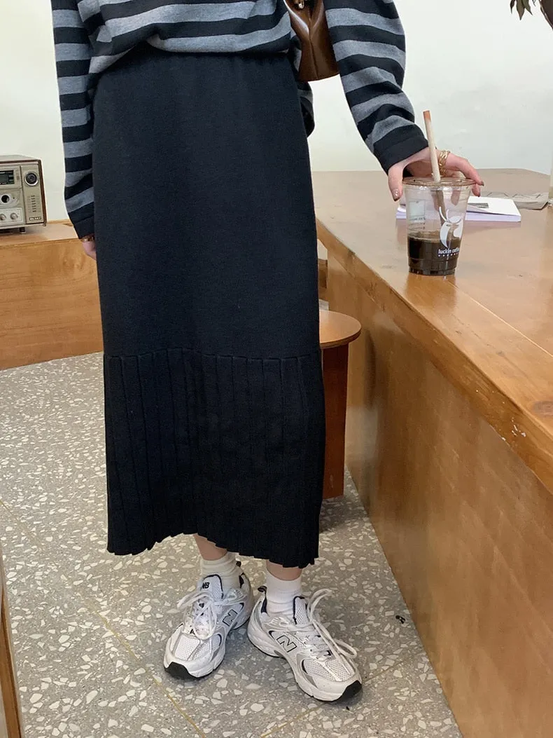 [Korean Style] High Waist Solid Color Pleated Knit Skirt