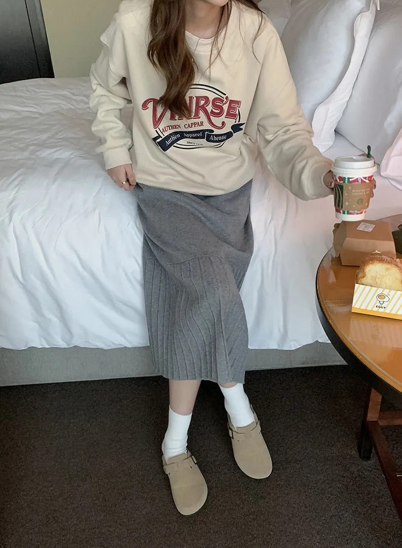 [Korean Style] High Waist Solid Color Pleated Knit Skirt