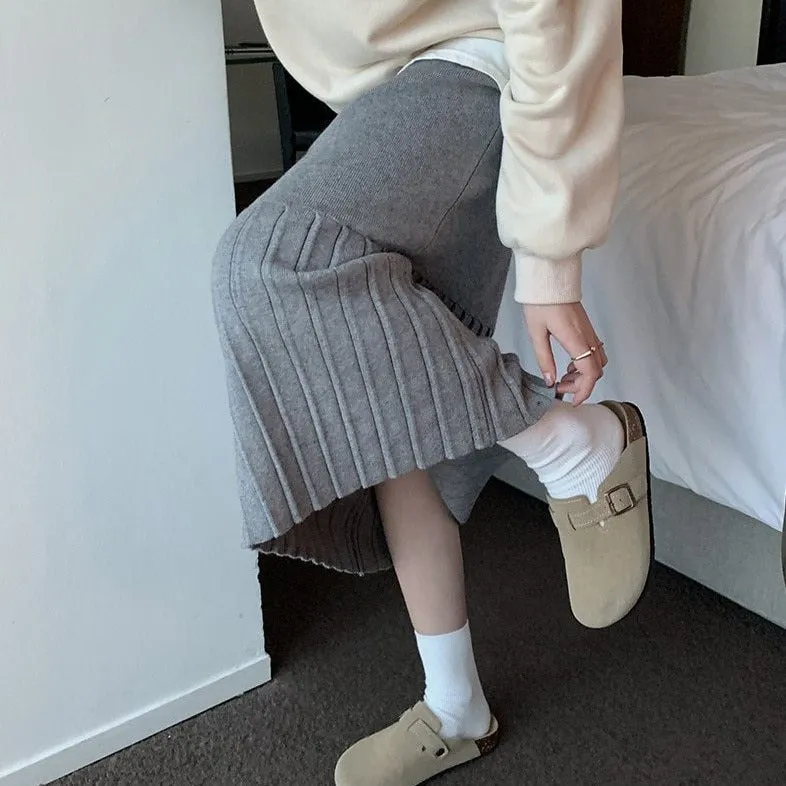 [Korean Style] High Waist Solid Color Pleated Knit Skirt