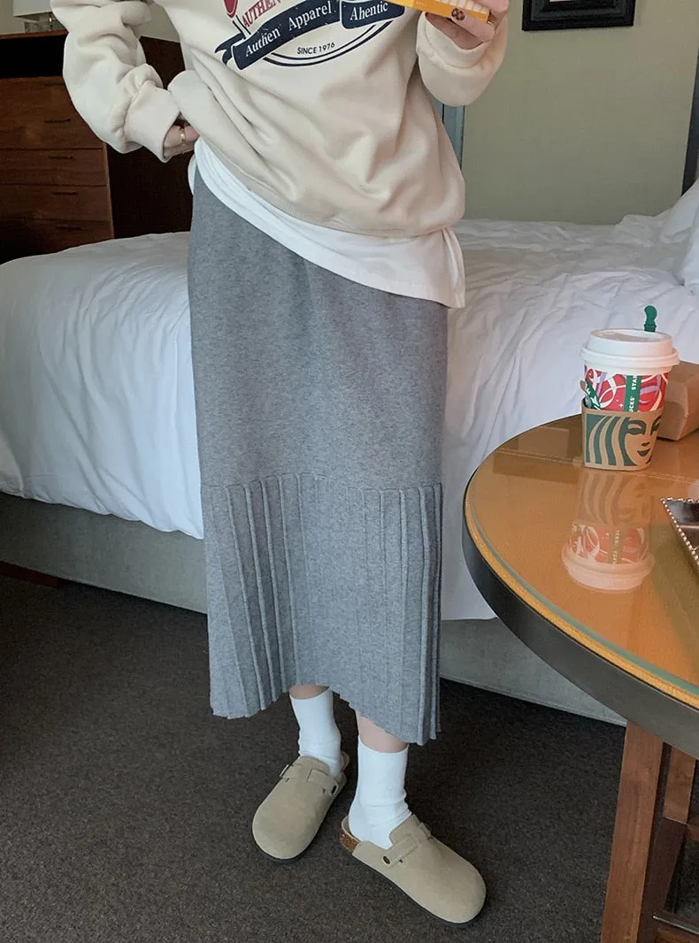 [Korean Style] High Waist Solid Color Pleated Knit Skirt