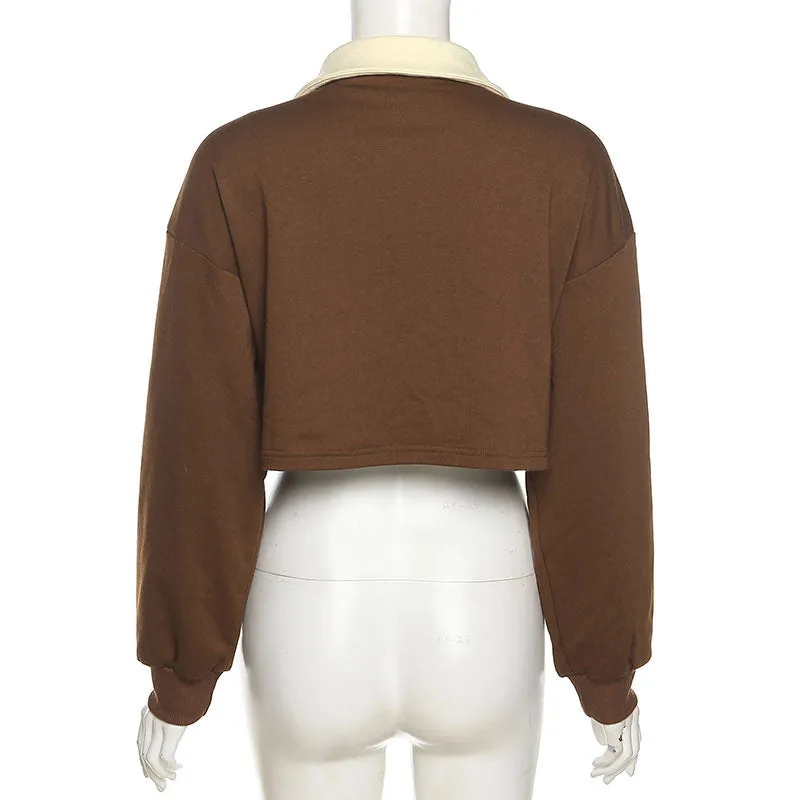 Letter prints loose fit lapel splicing collar dew umbilical sweatshirt women top