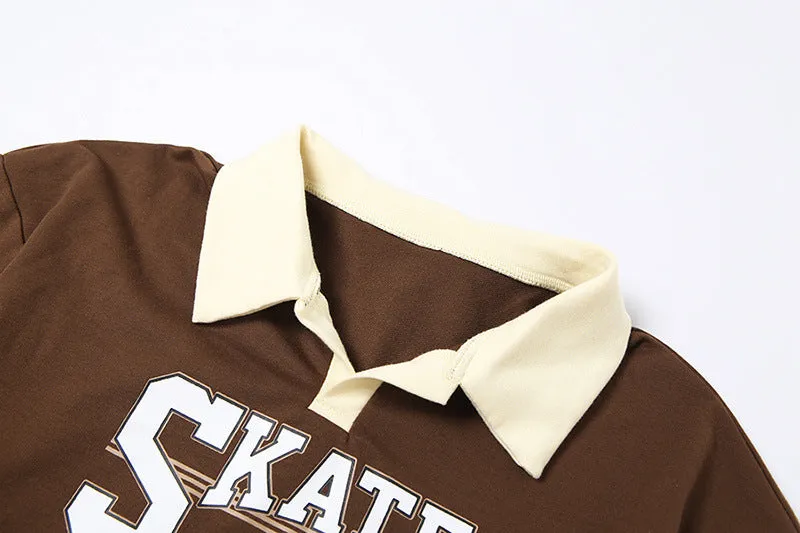 Letter prints loose fit lapel splicing collar dew umbilical sweatshirt women top
