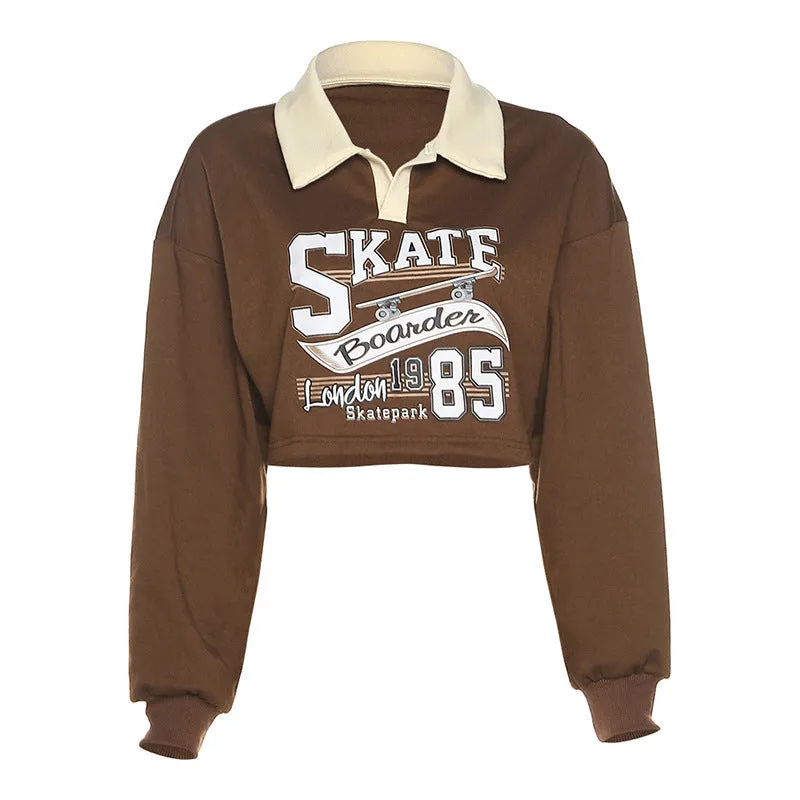 Letter prints loose fit lapel splicing collar dew umbilical sweatshirt women top