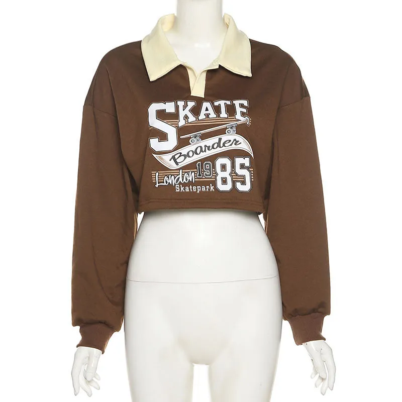 Letter prints loose fit lapel splicing collar dew umbilical sweatshirt women top