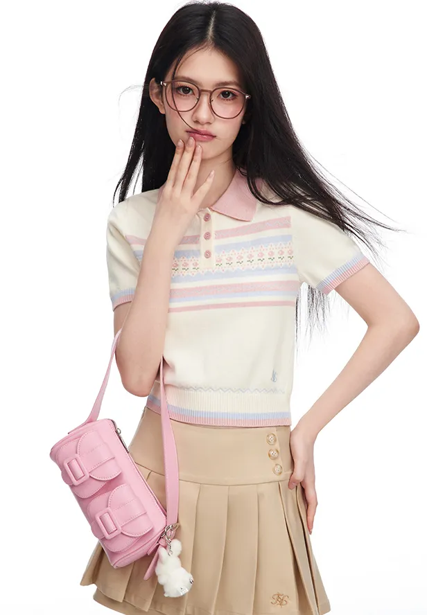 Little Flower Stripe Compact Polo Shirt & Waist Button Pleated Culottes Skirt NTO0085