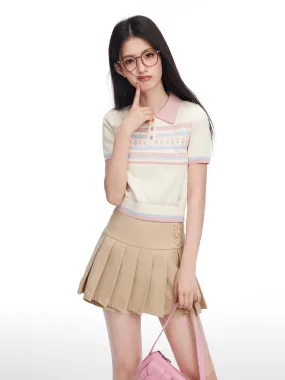 Little Flower Stripe Compact Polo Shirt & Waist Button Pleated Culottes Skirt NTO0085