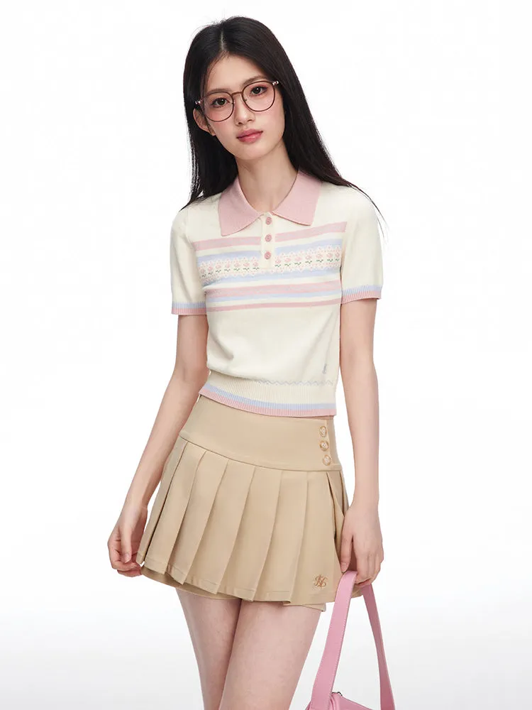 Little Flower Stripe Compact Polo Shirt & Waist Button Pleated Culottes Skirt NTO0085