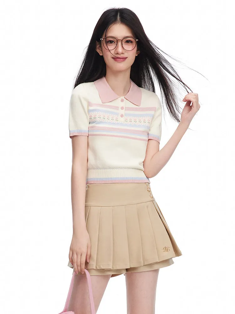 Little Flower Stripe Compact Polo Shirt & Waist Button Pleated Culottes Skirt NTO0085
