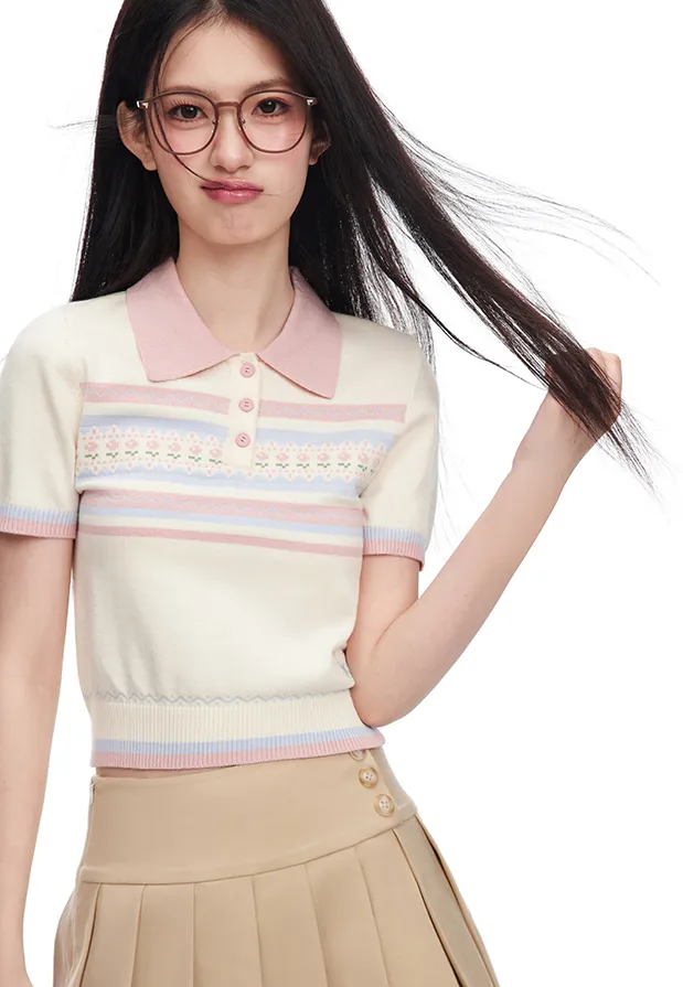 Little Flower Stripe Compact Polo Shirt & Waist Button Pleated Culottes Skirt NTO0085