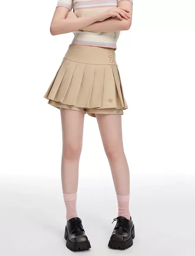 Little Flower Stripe Compact Polo Shirt & Waist Button Pleated Culottes Skirt NTO0085