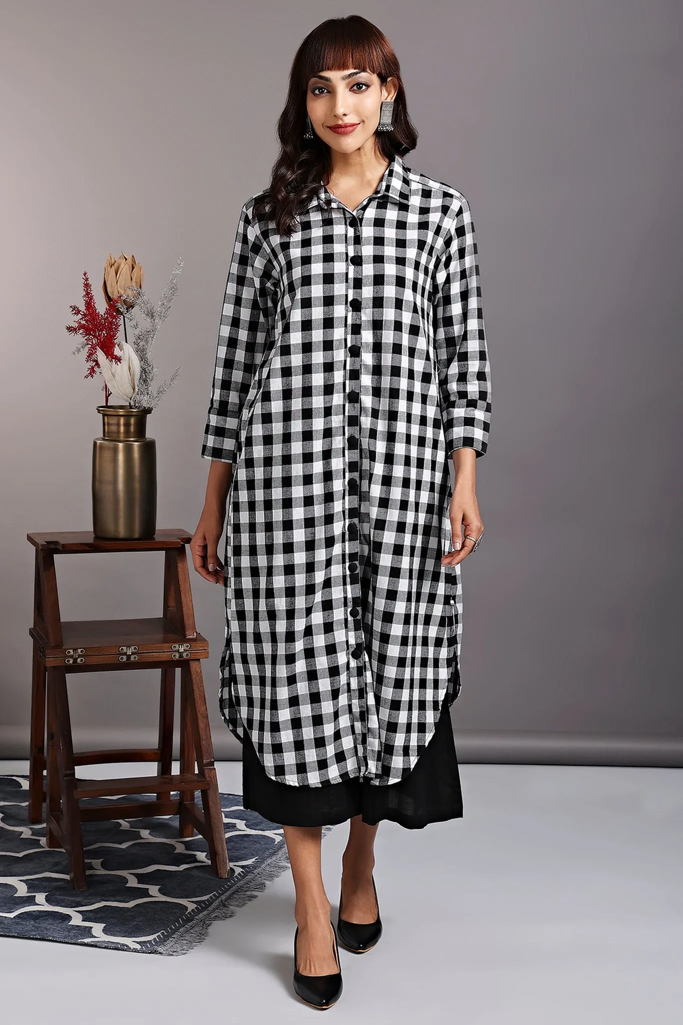 long shirt dress - noir blanc & gingham checks