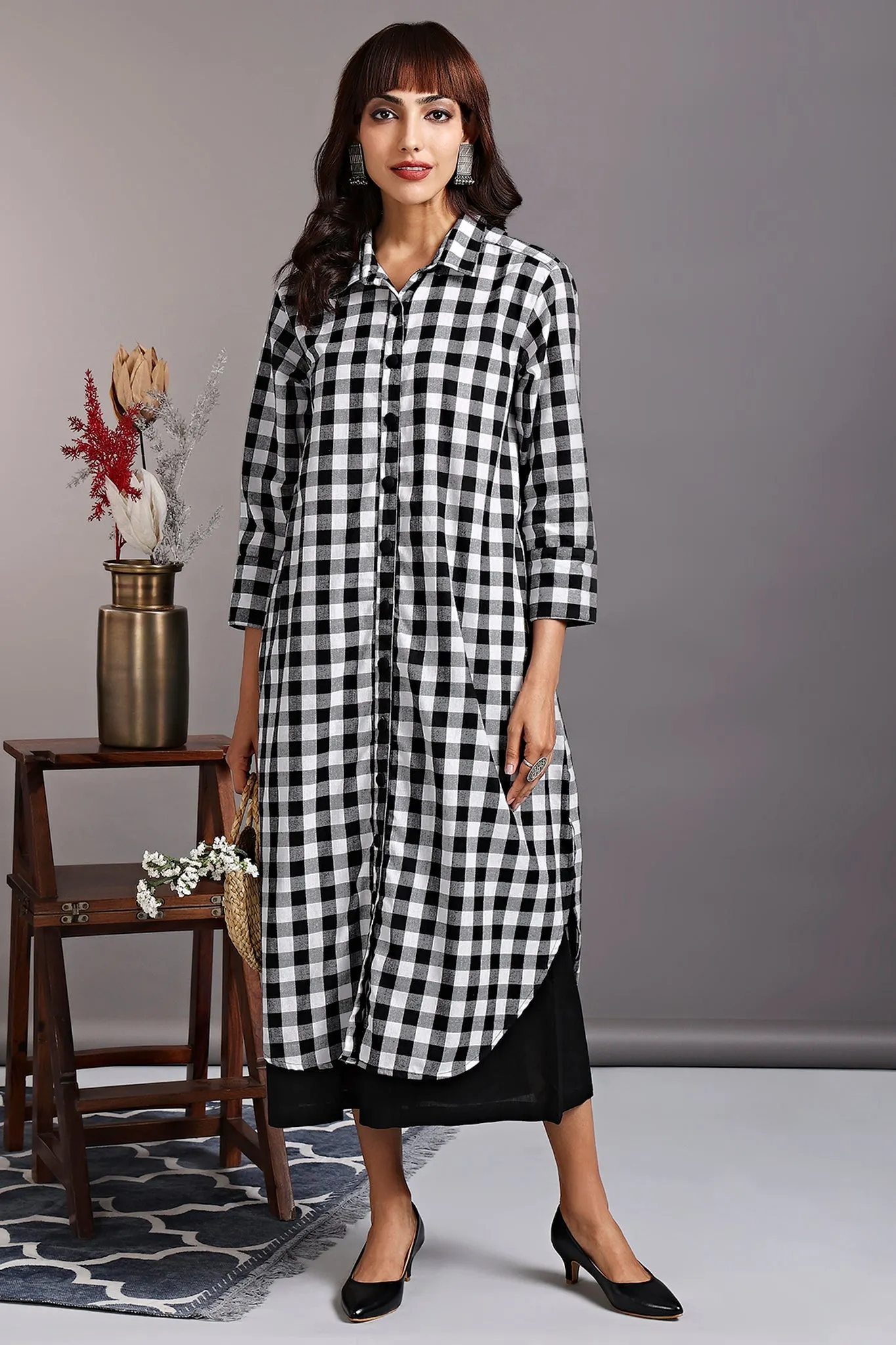 long shirt dress - noir blanc & gingham checks