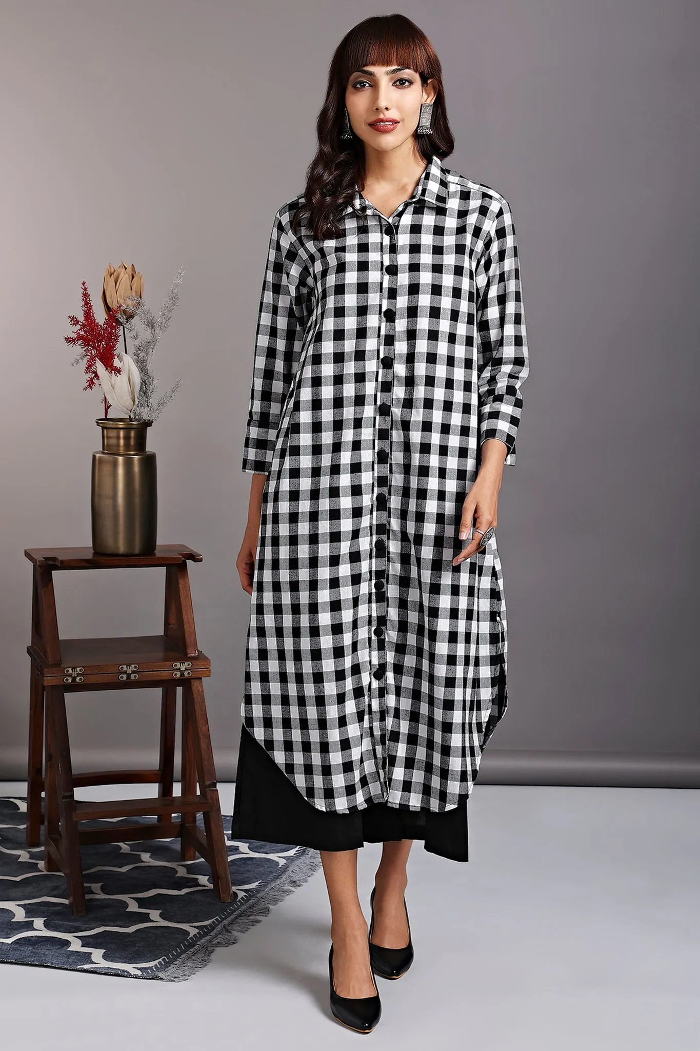 long shirt dress - noir blanc & gingham checks