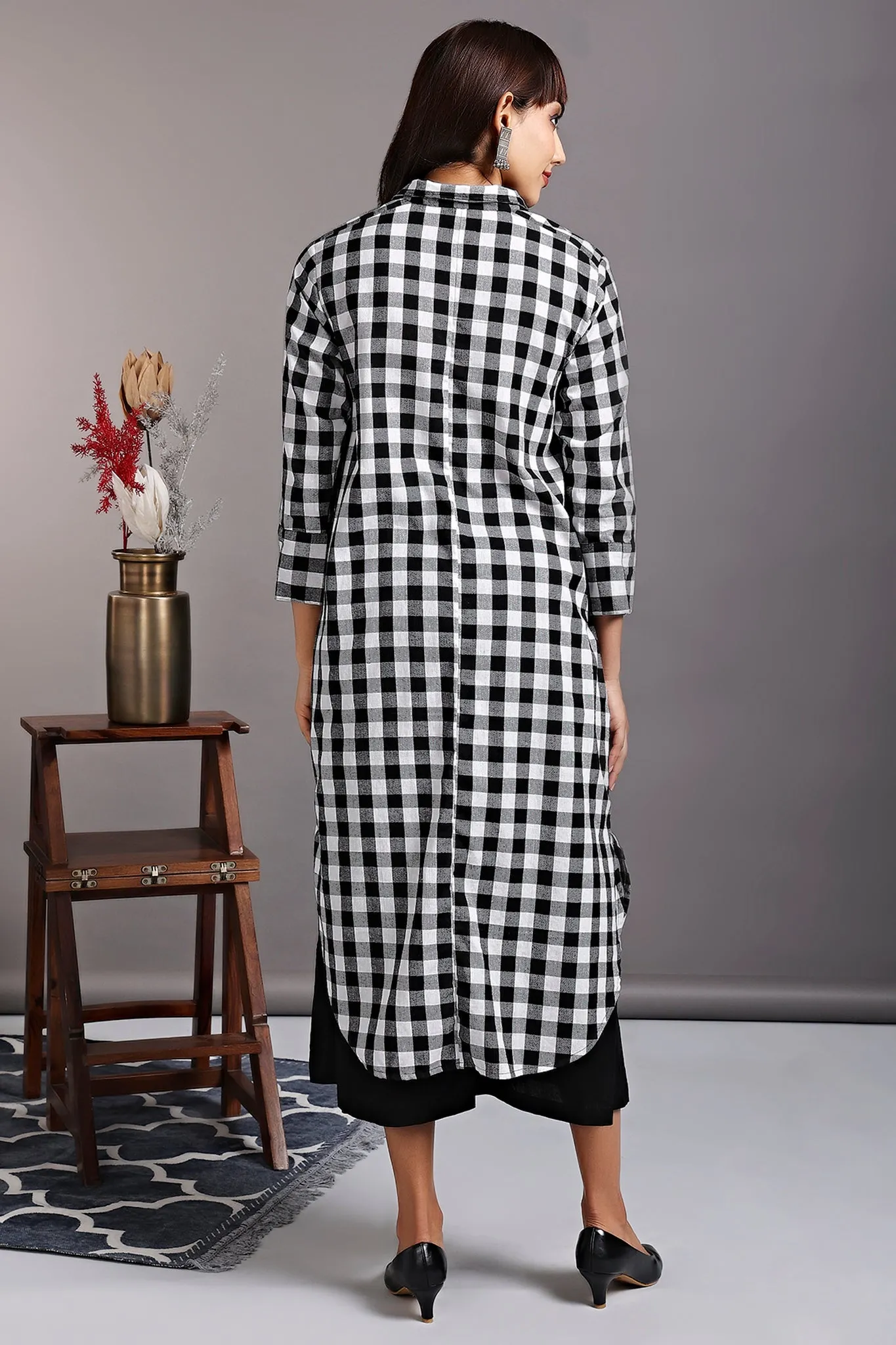 long shirt dress - noir blanc & gingham checks