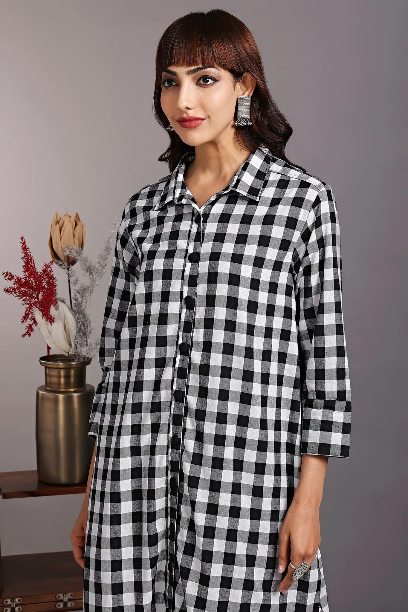 long shirt dress - noir blanc & gingham checks