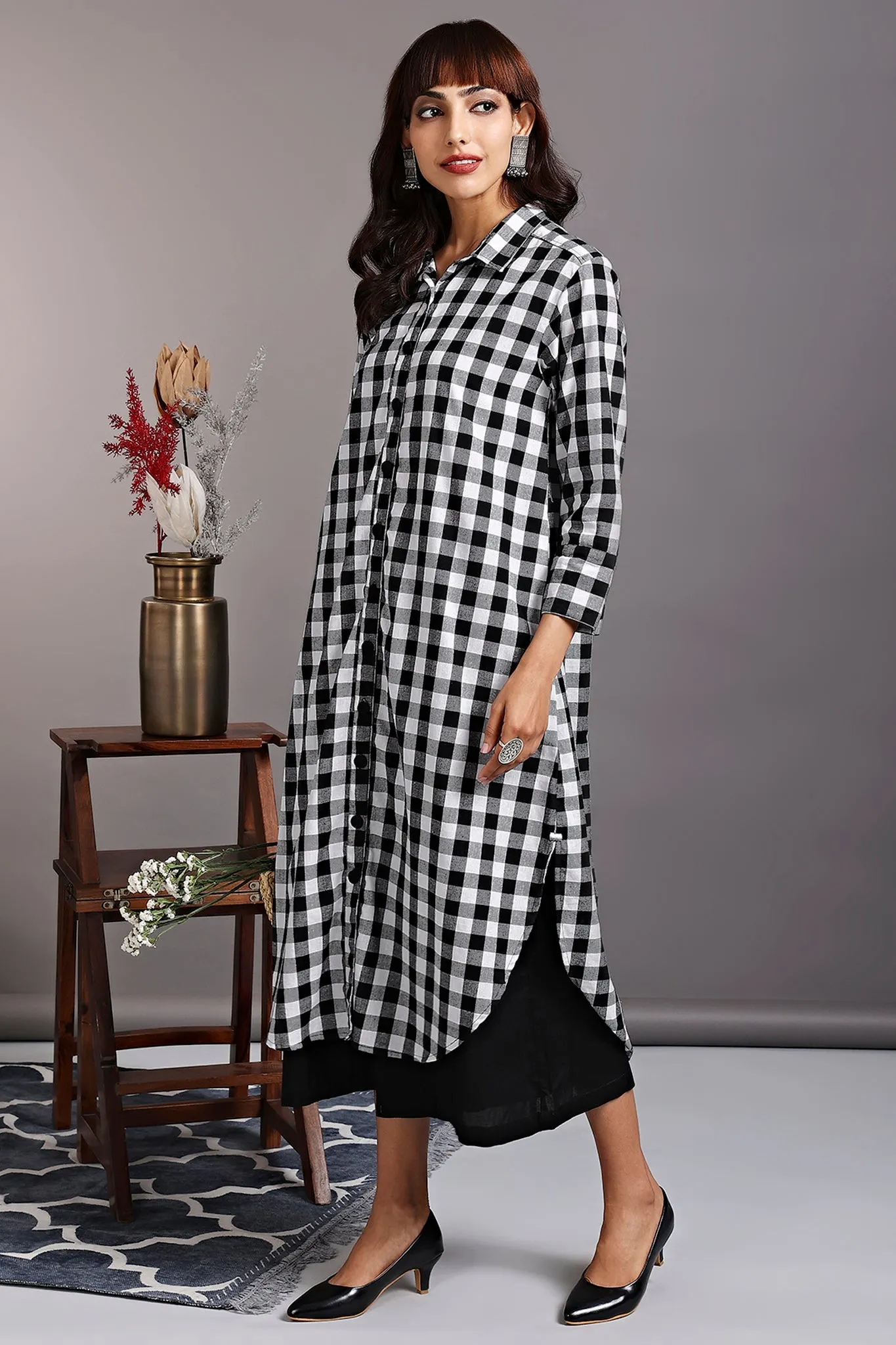 long shirt dress - noir blanc & gingham checks