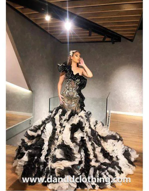 Luxury Evening Dress White Black Silver Lace
