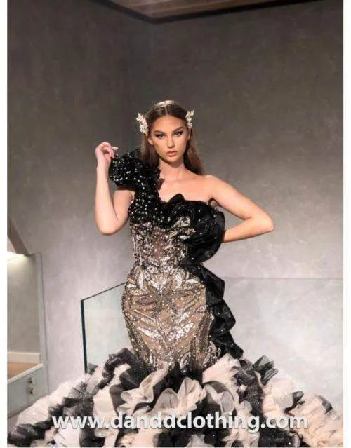 Luxury Evening Dress White Black Silver Lace