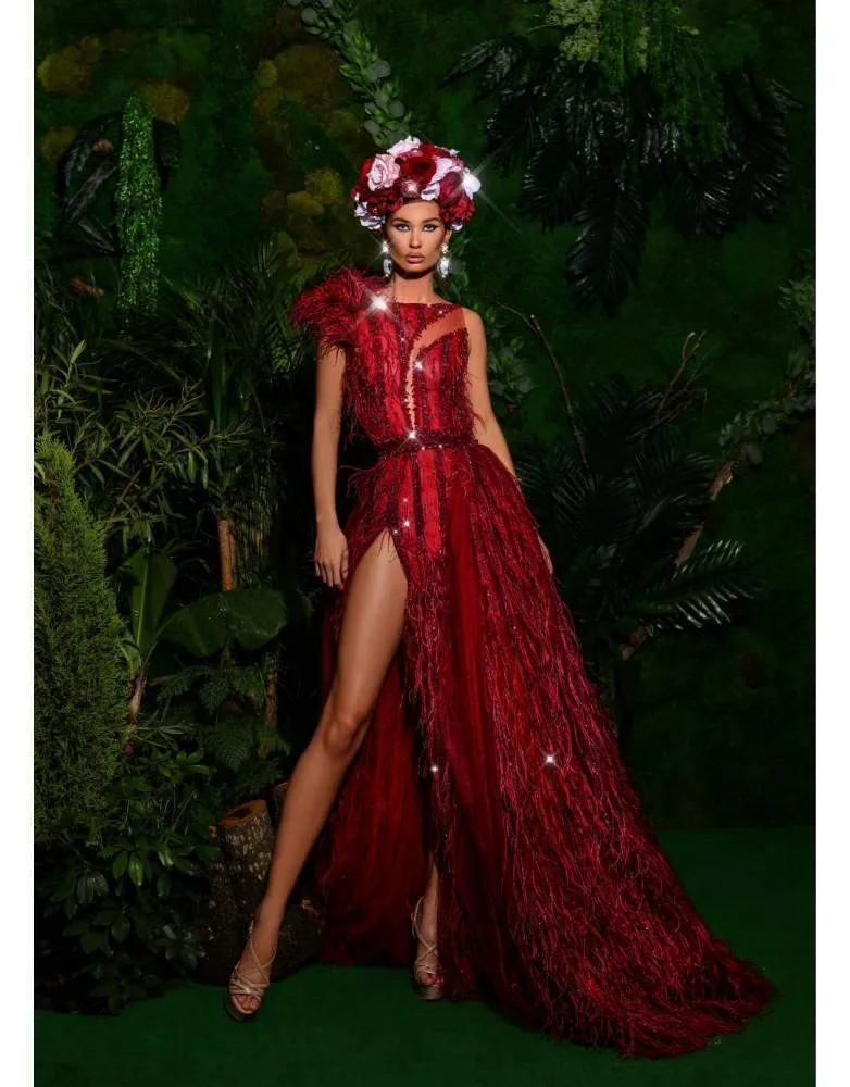 Luxury Evening Gown Maroon with Headgear