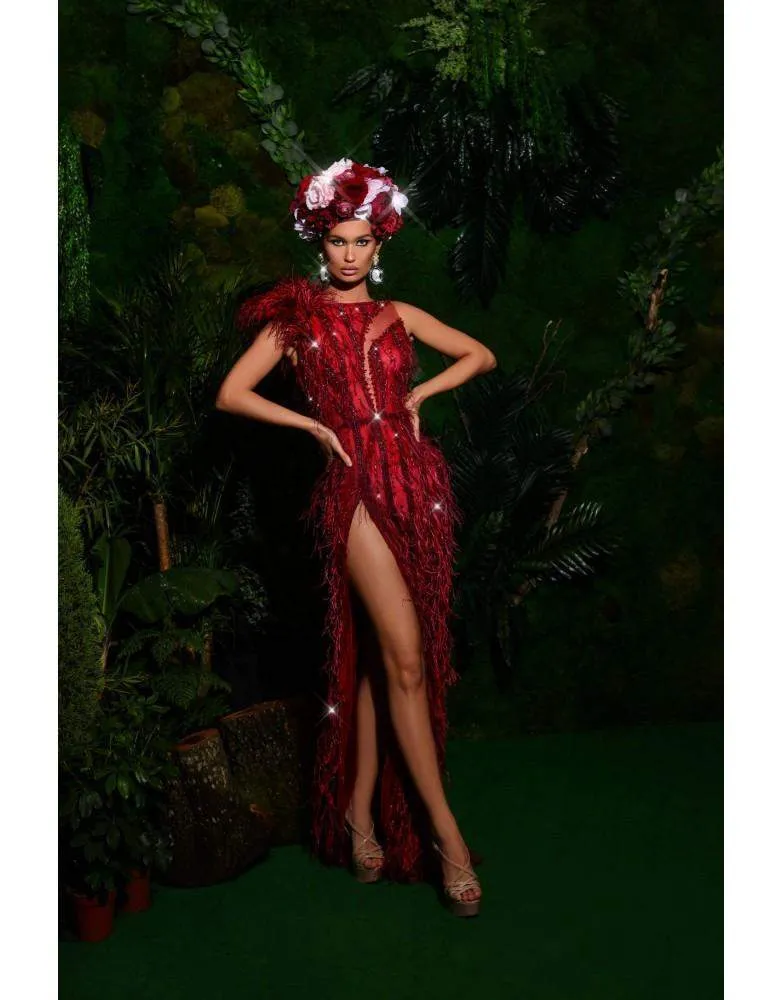 Luxury Evening Gown Maroon with Headgear