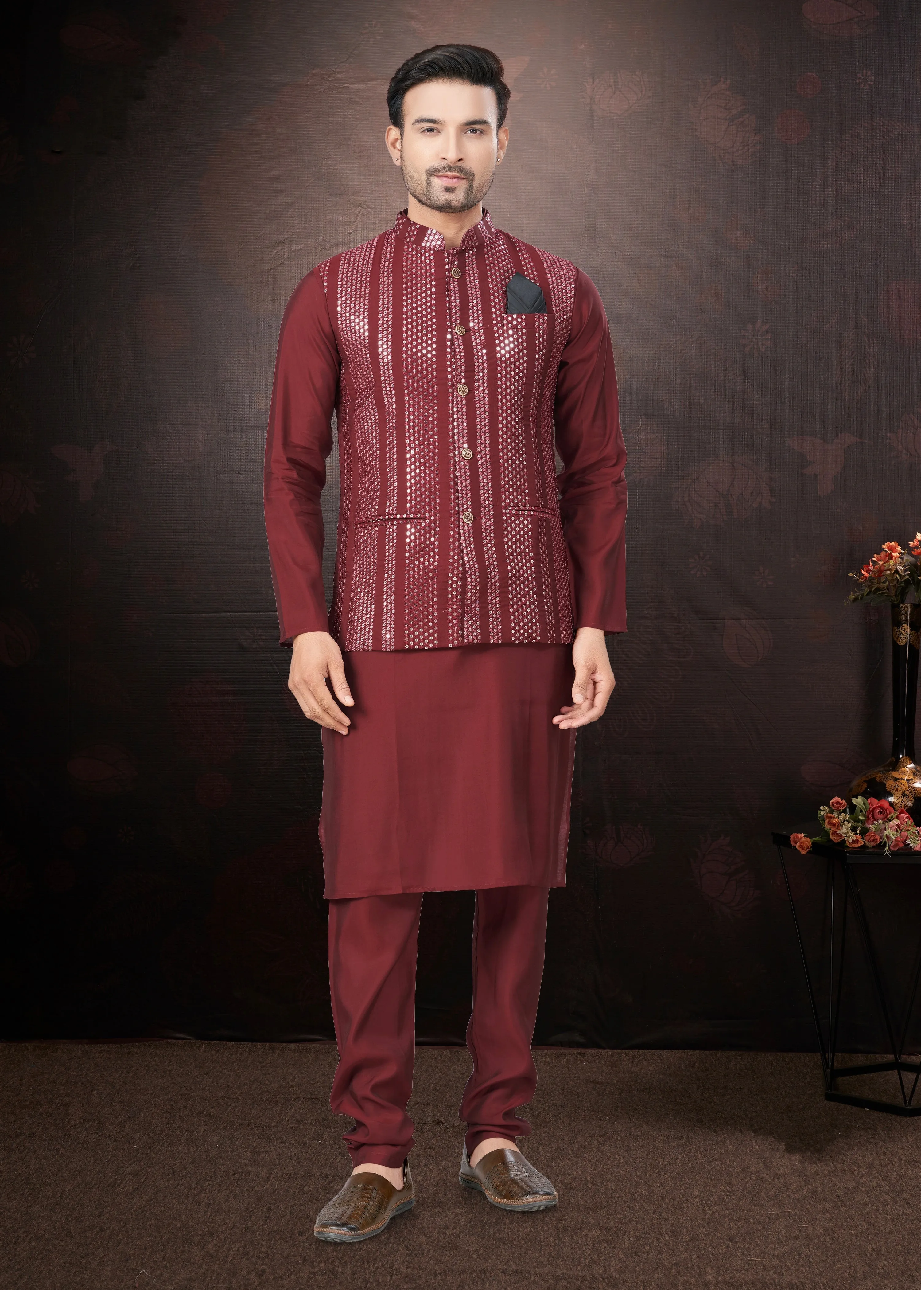 Maroon Pure Silk Mirror Work Jacket Kurta Pajama Set