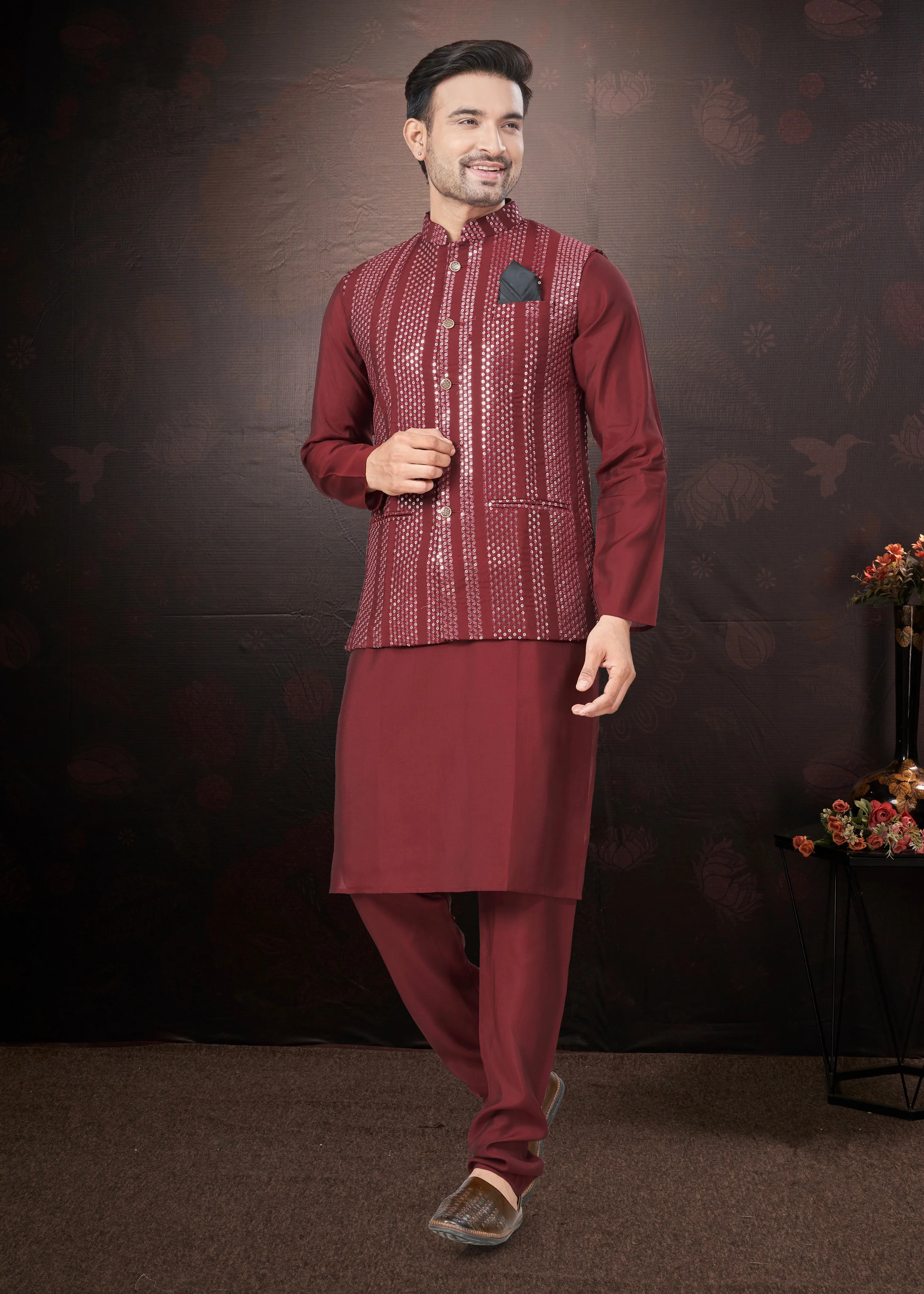 Maroon Pure Silk Mirror Work Jacket Kurta Pajama Set