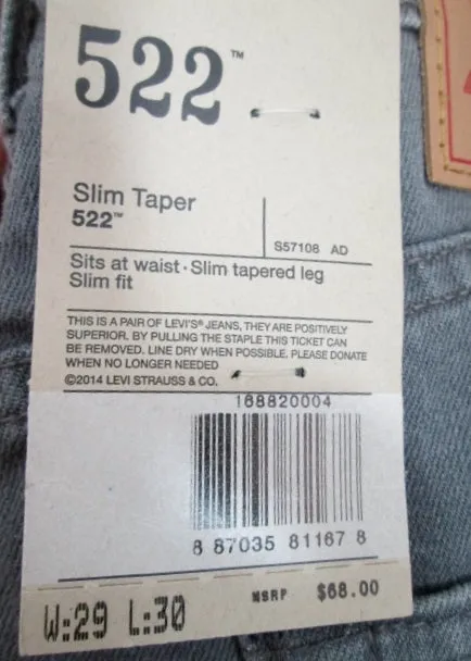 NEW NWT Mens Womens LEVI'S 522 SLIM TAPER Denim Jeans PANTS 29 X 30 GRAY Trousers
