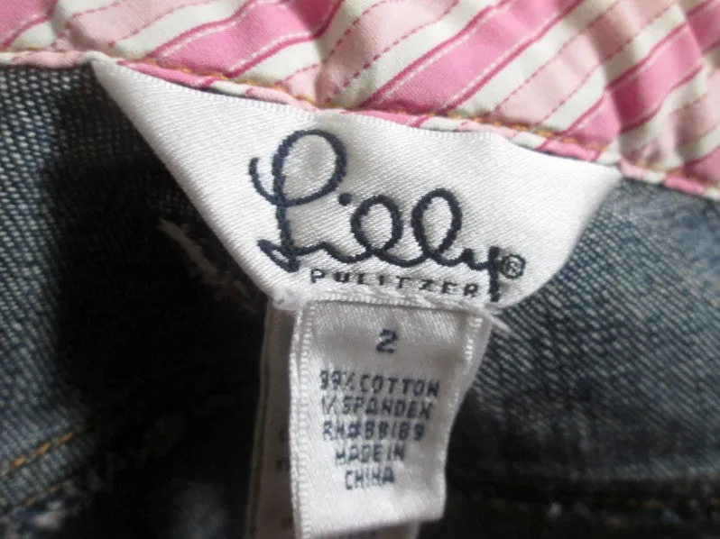 NEW Womens LILLY PULITZER BROWN TERRIER DOG Embroidered Jeans DUNGAREES Pants BLUE 2  Jeans