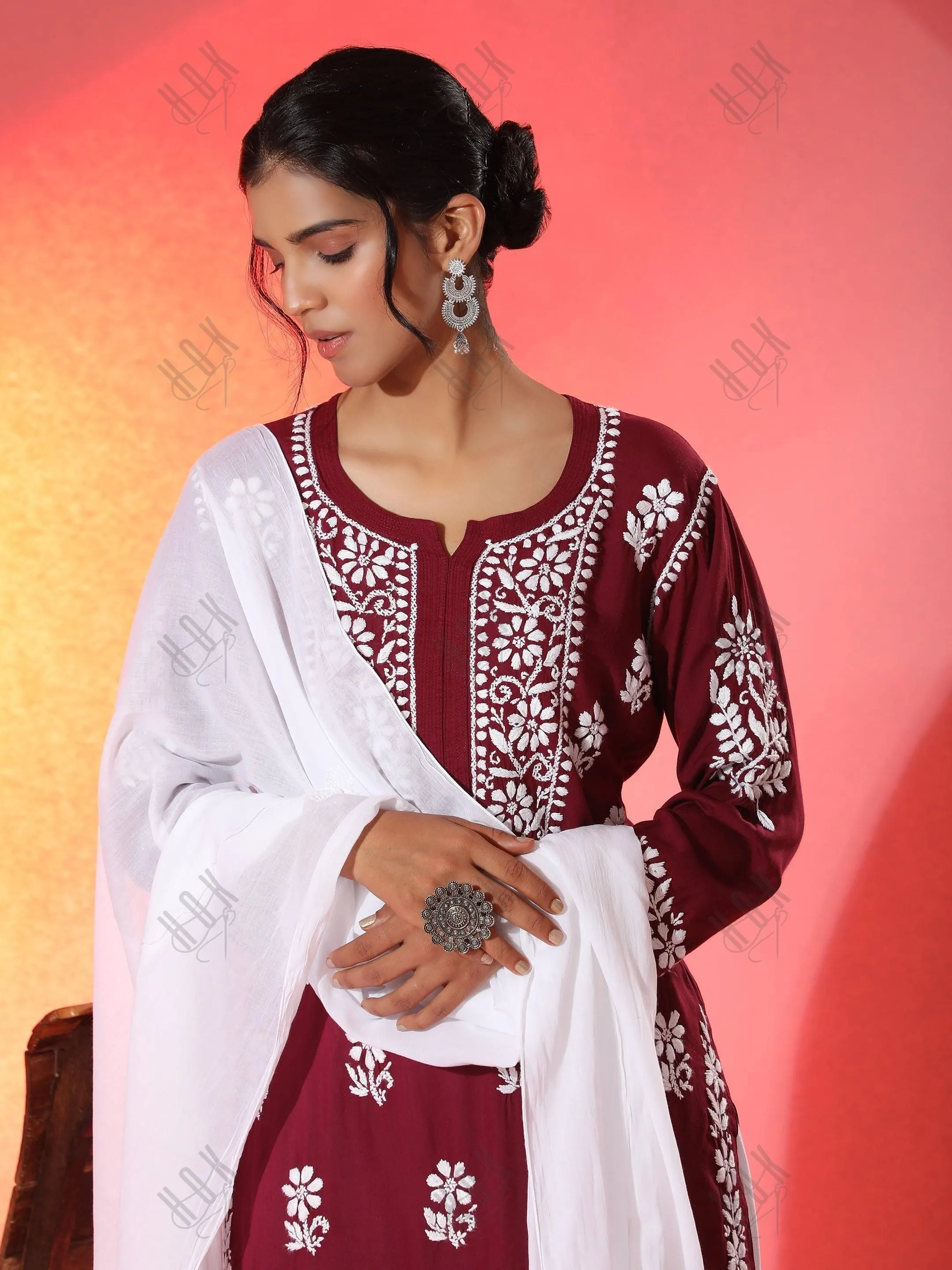 Pooja Gor in Premium Hand Embroidery Chikankari Kurta Modal Cotton- Maroon