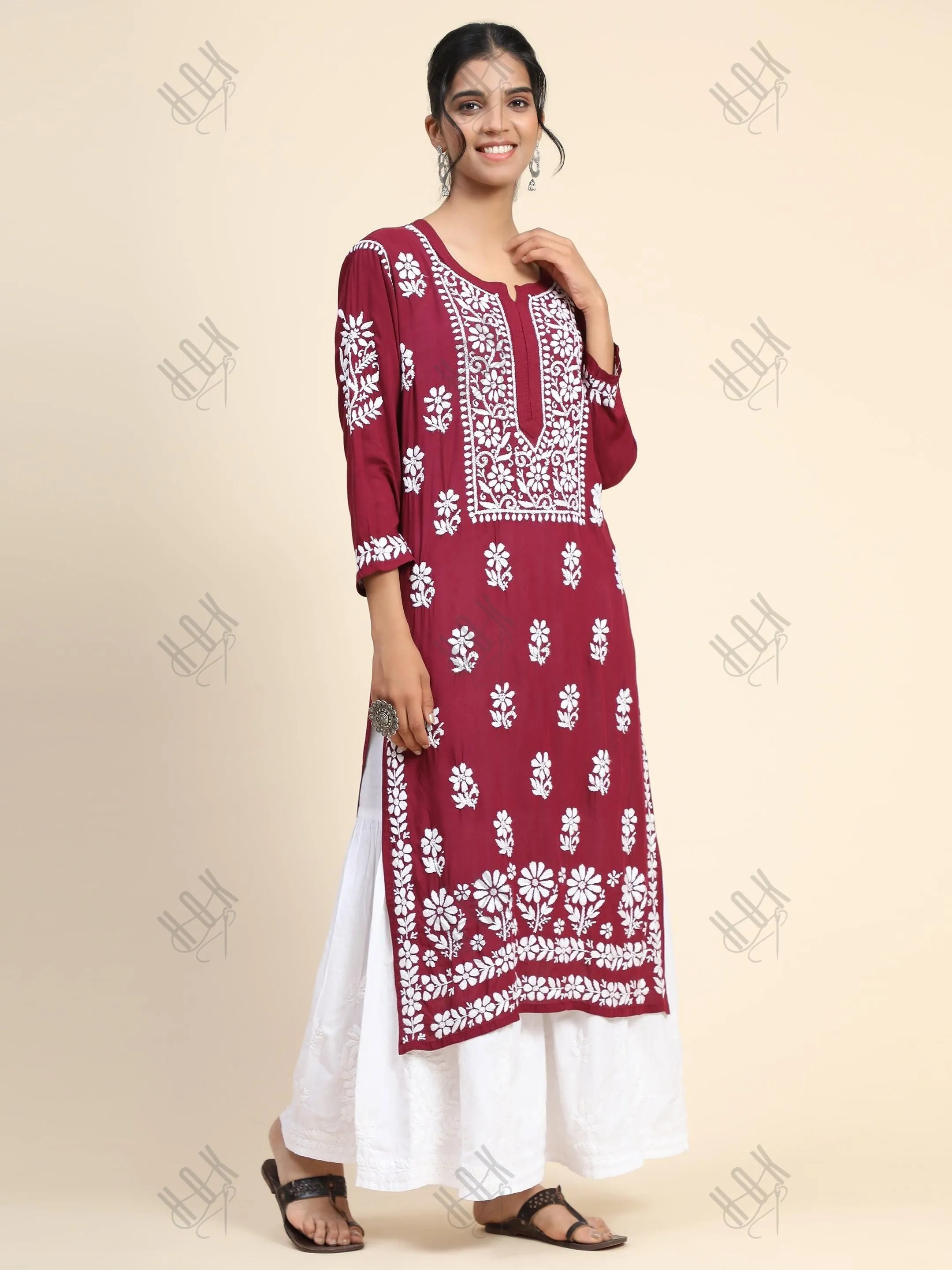 Pooja Gor in Premium Hand Embroidery Chikankari Kurta Modal Cotton- Maroon