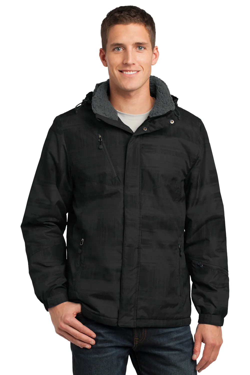 Port Authority Mens Brushstroke Wind & Water Resistant Full Zip Hooded Jacket - Black - Closeout