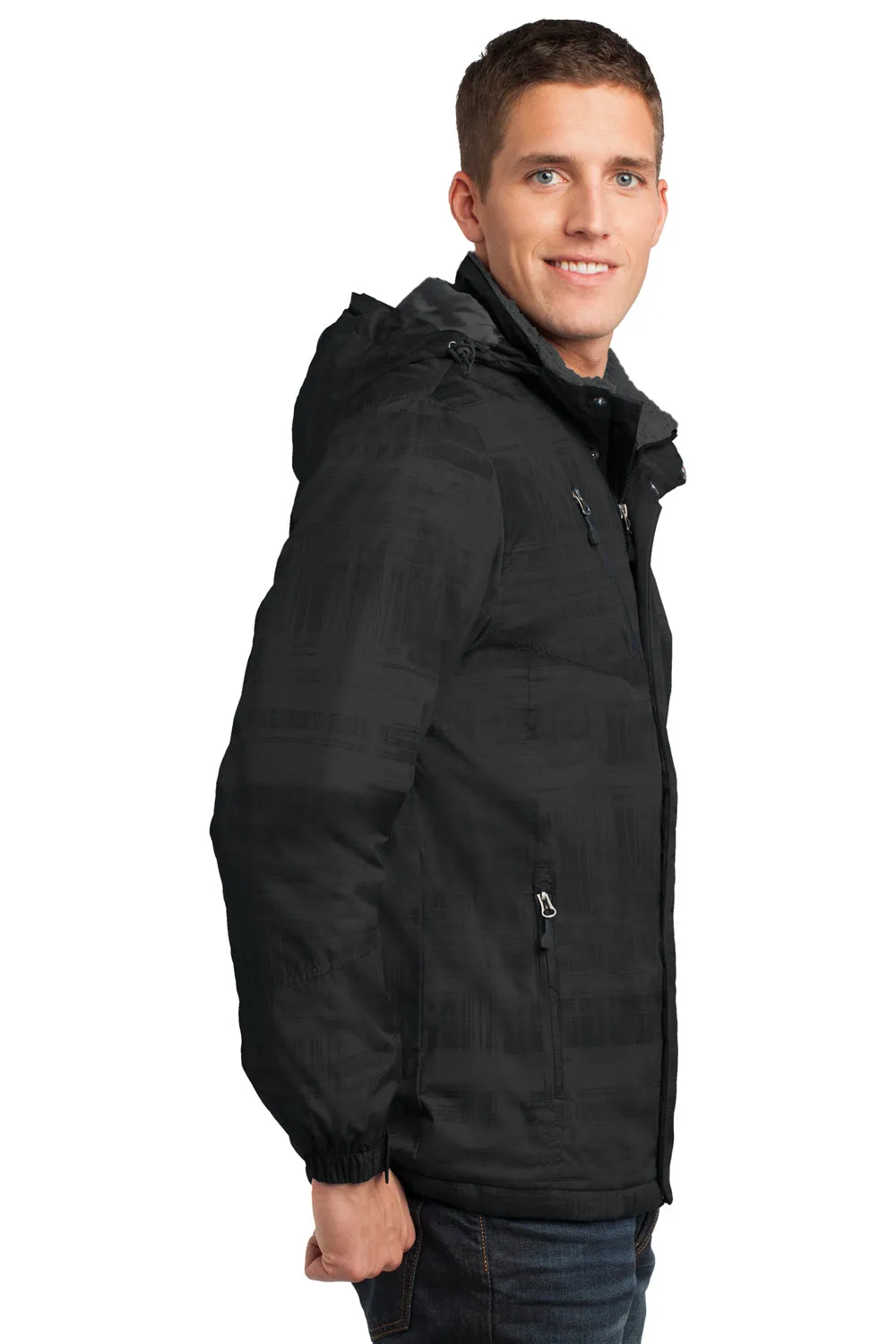 Port Authority Mens Brushstroke Wind & Water Resistant Full Zip Hooded Jacket - Black - Closeout