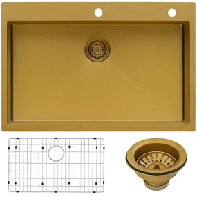 Ruvati 33 x 22 inch Satin Brass Matte Gold Stainless Steel Drop-in Topmount Kitchen Sink Single Bowl – RVH5005GG