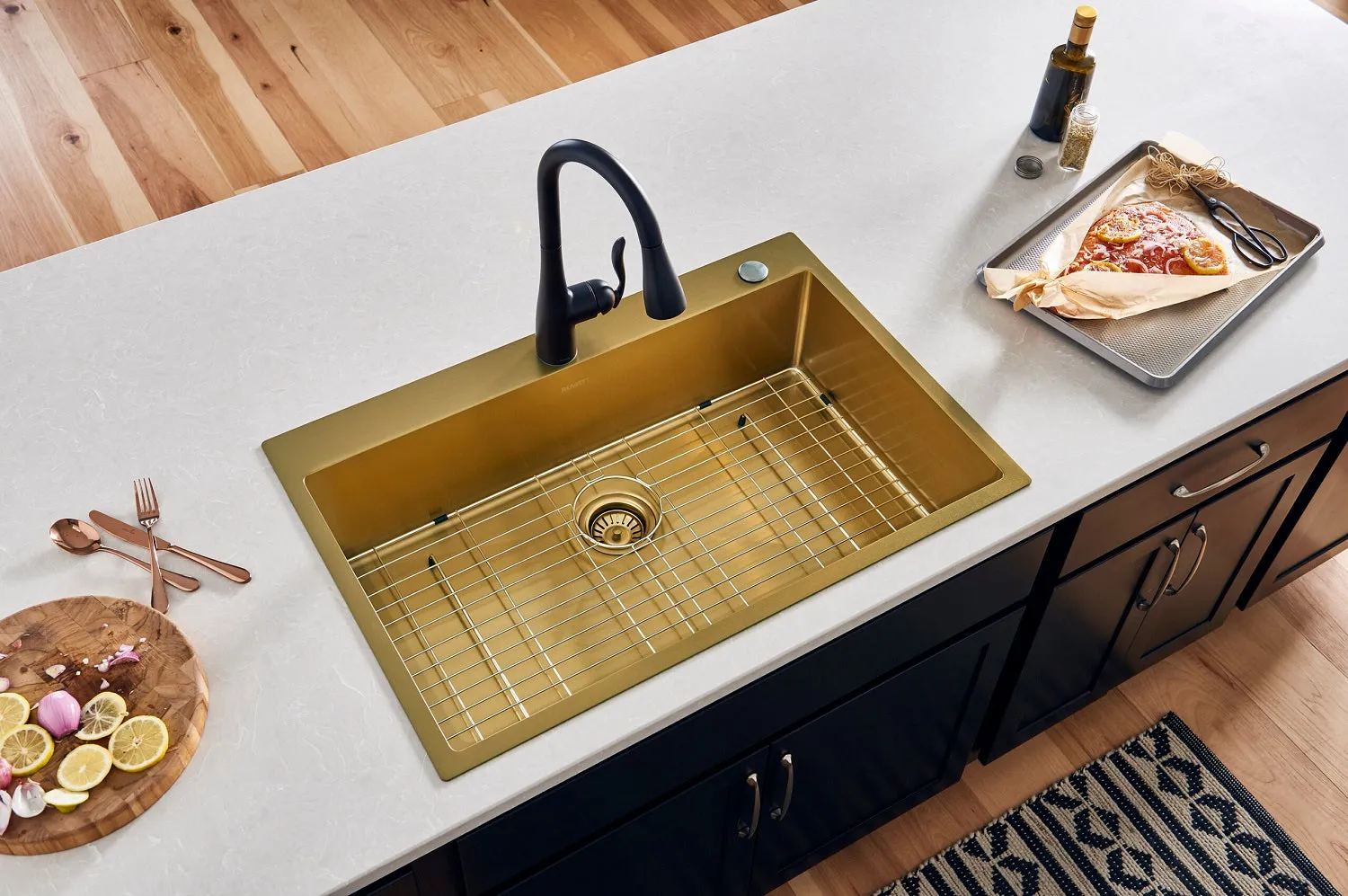 Ruvati 33 x 22 inch Satin Brass Matte Gold Stainless Steel Drop-in Topmount Kitchen Sink Single Bowl – RVH5005GG
