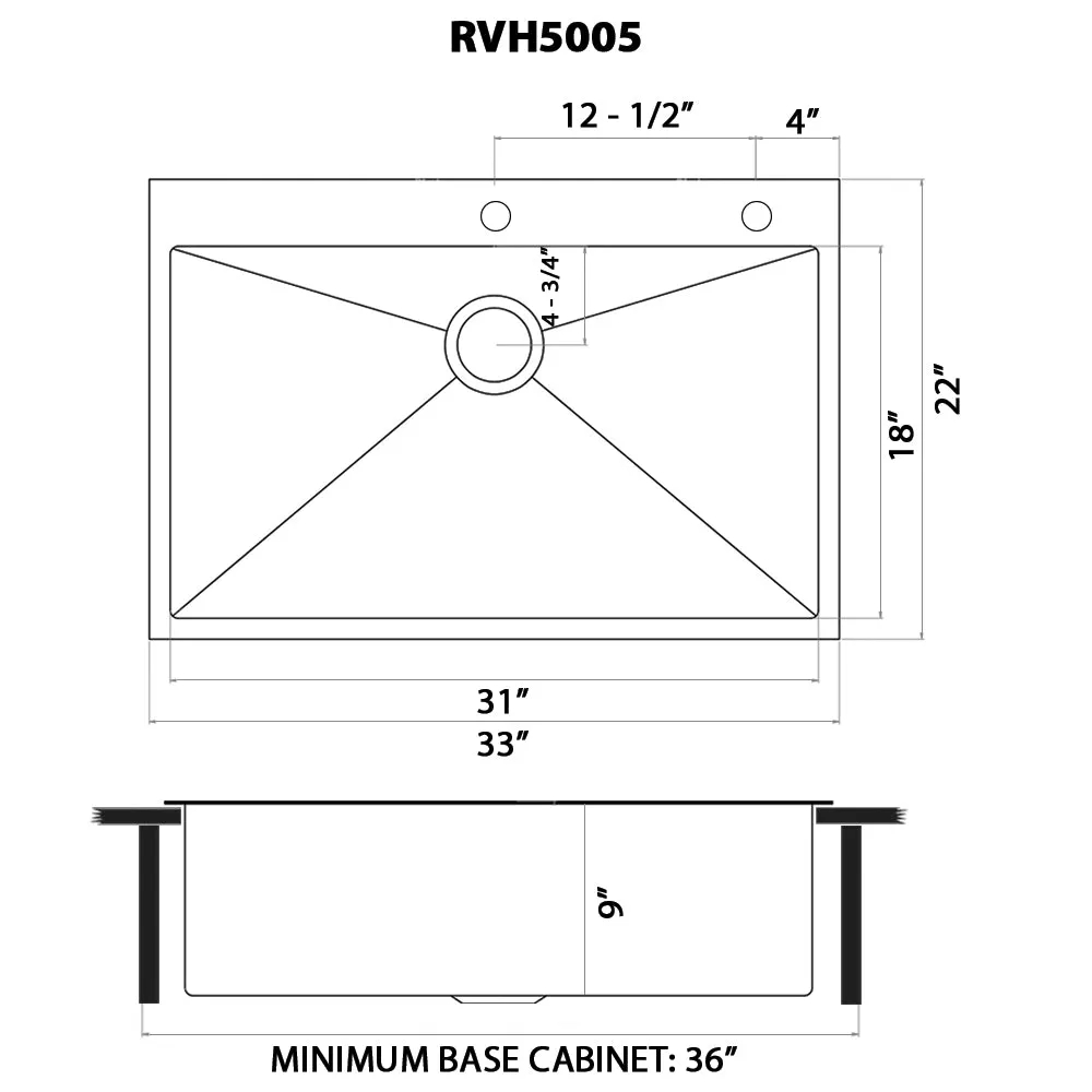 Ruvati 33 x 22 inch Satin Brass Matte Gold Stainless Steel Drop-in Topmount Kitchen Sink Single Bowl – RVH5005GG