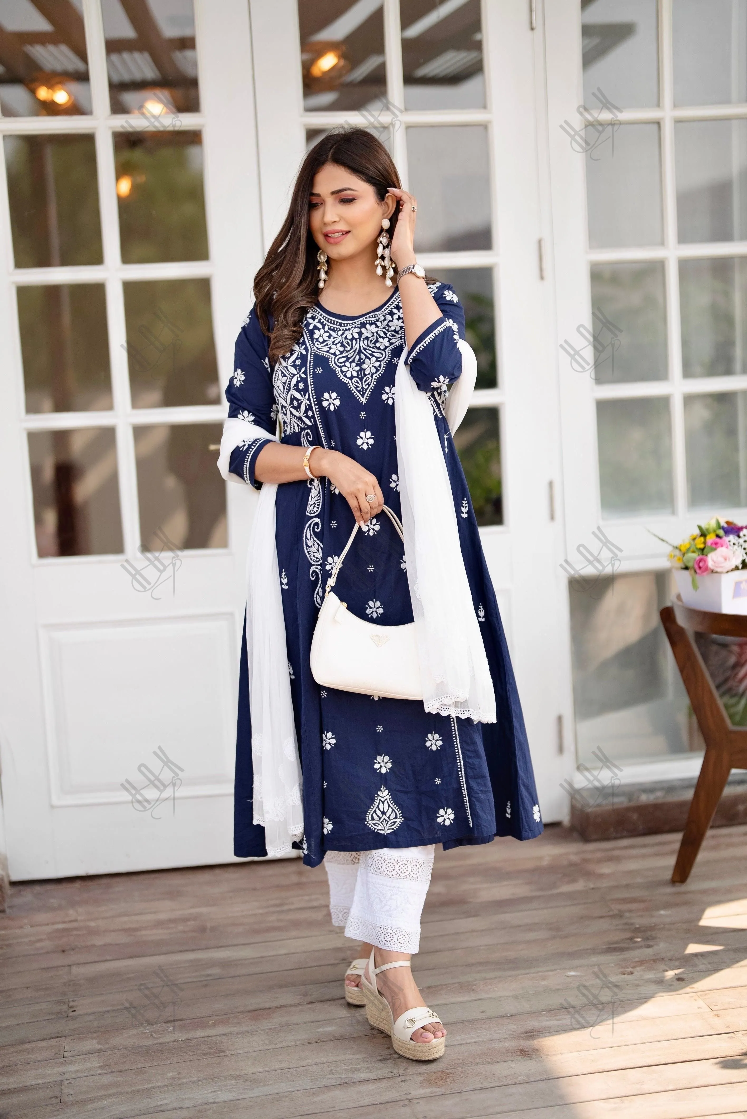 Smridhi in Hand embroidery Chikankari Dress- Dark Blue & White