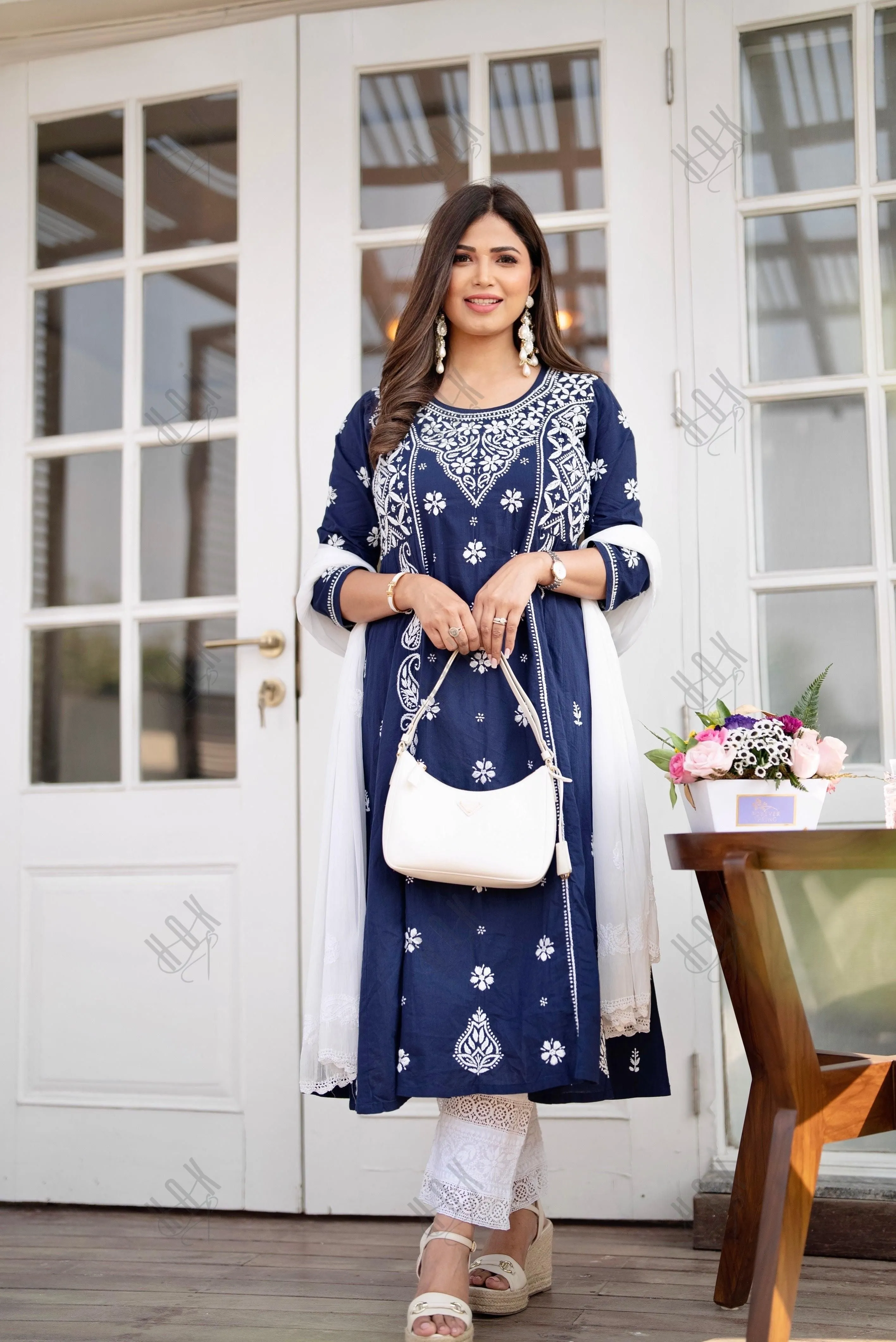 Smridhi in Hand embroidery Chikankari Dress- Dark Blue & White