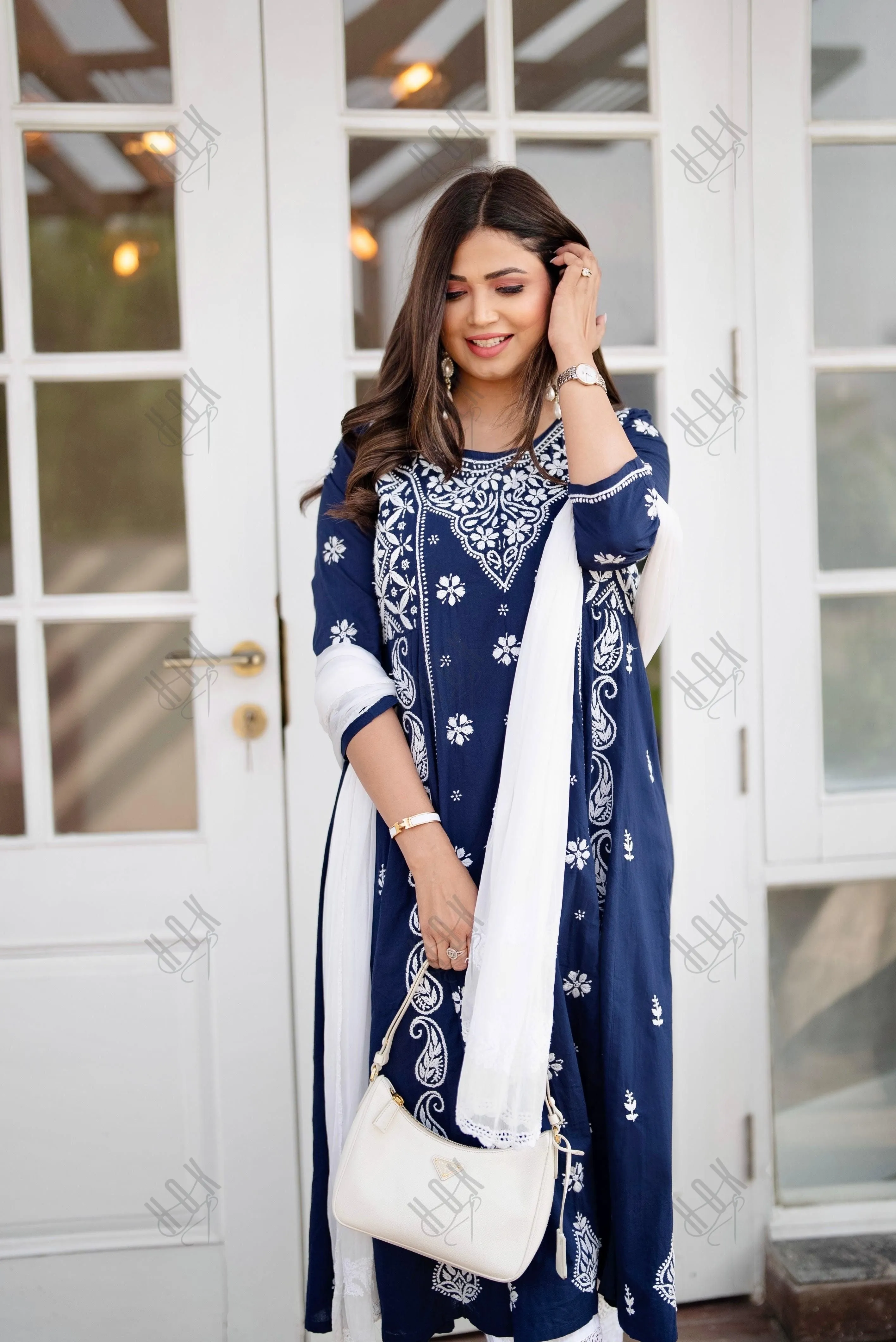 Smridhi in Hand embroidery Chikankari Dress- Dark Blue & White