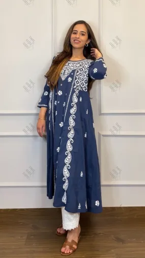 Smridhi in Hand embroidery Chikankari Dress- Dark Blue & White