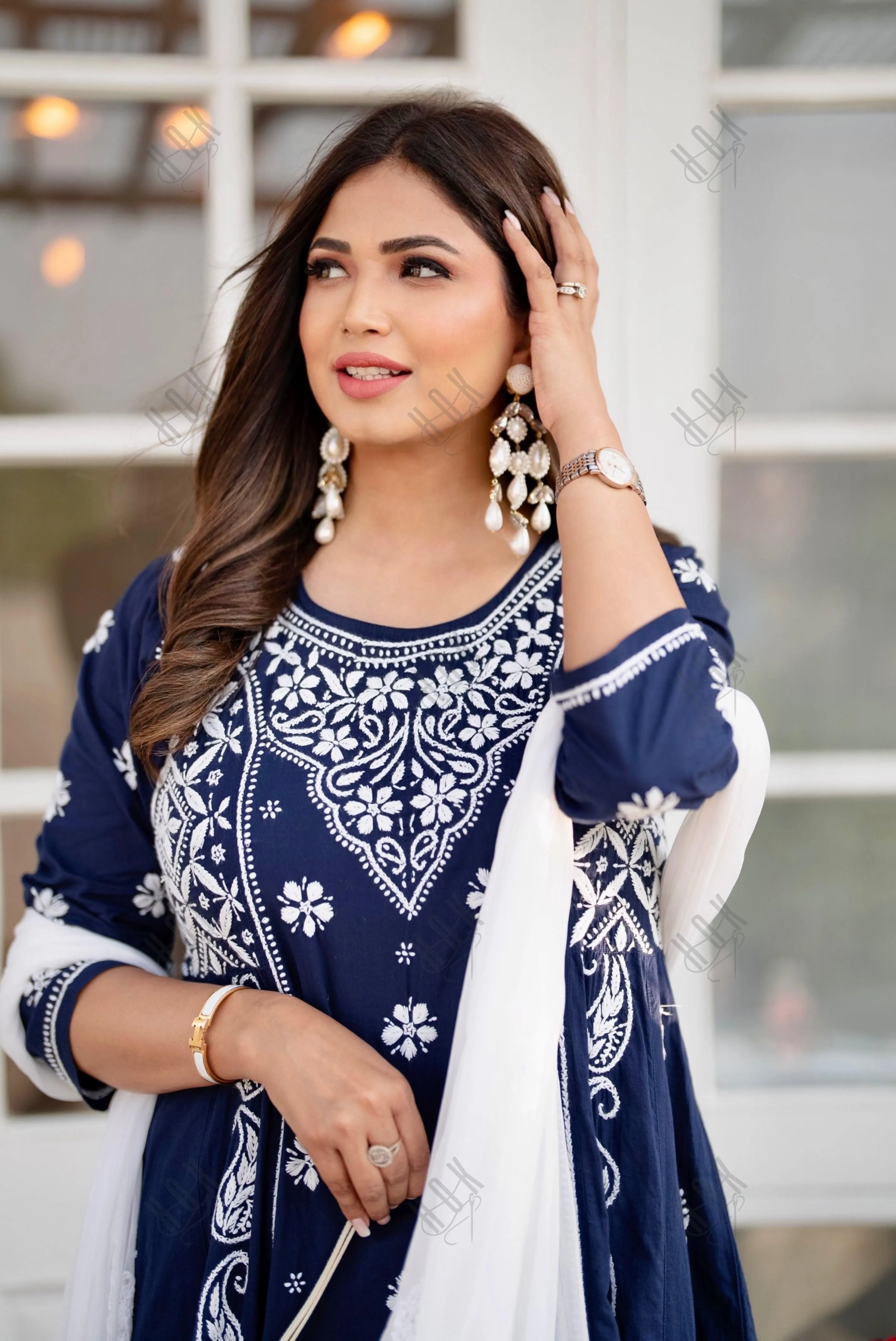 Smridhi in Hand embroidery Chikankari Dress- Dark Blue & White