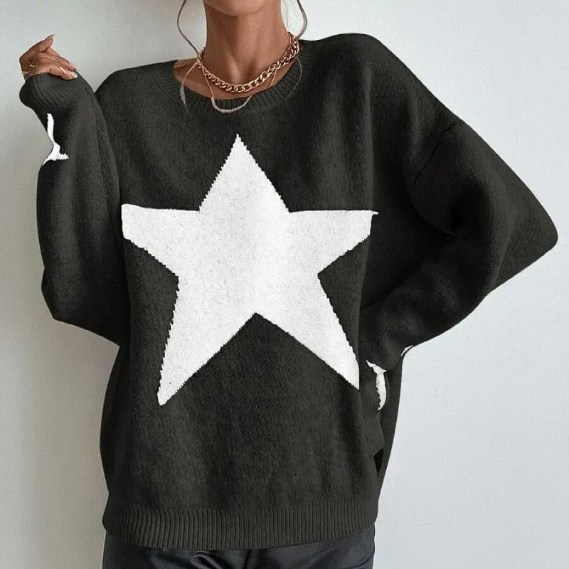 Streetwear Block Designer Star Graphic Knitted Crew Necks Sweater