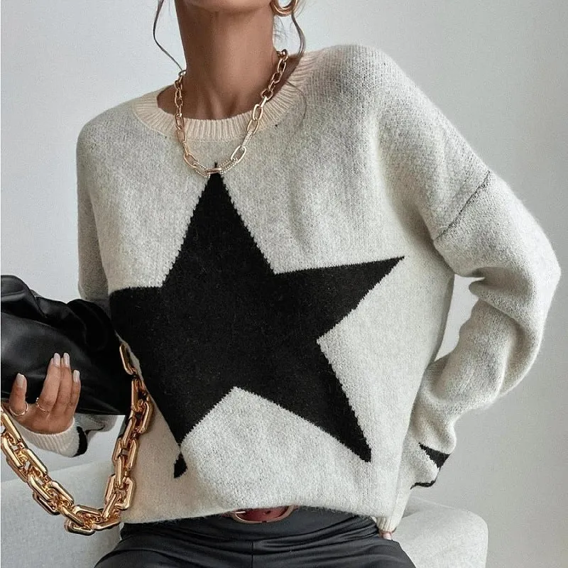 Streetwear Block Designer Star Graphic Knitted Crew Necks Sweater