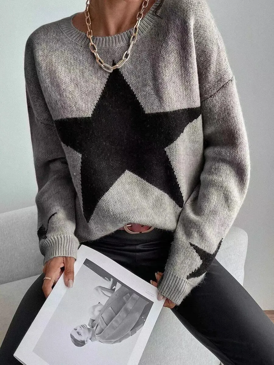 Streetwear Block Designer Star Graphic Knitted Crew Necks Sweater
