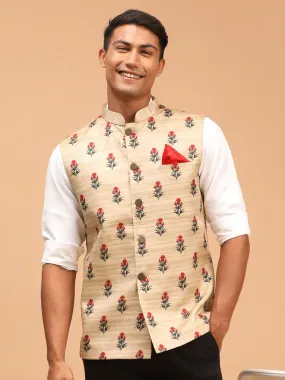 VASTRAMAY Beige Rose Print Silk Nehru Jacket VASTRAMAY Beige Rose Print Silk Nehru Jacket