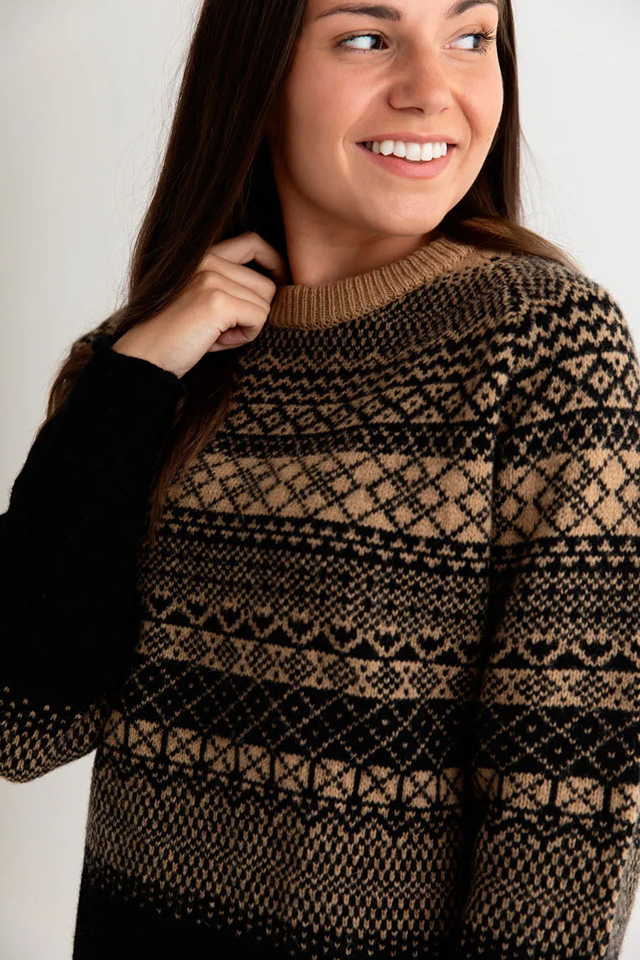 Womens Lace Fair Isle Tunic Jumper - Black Camel