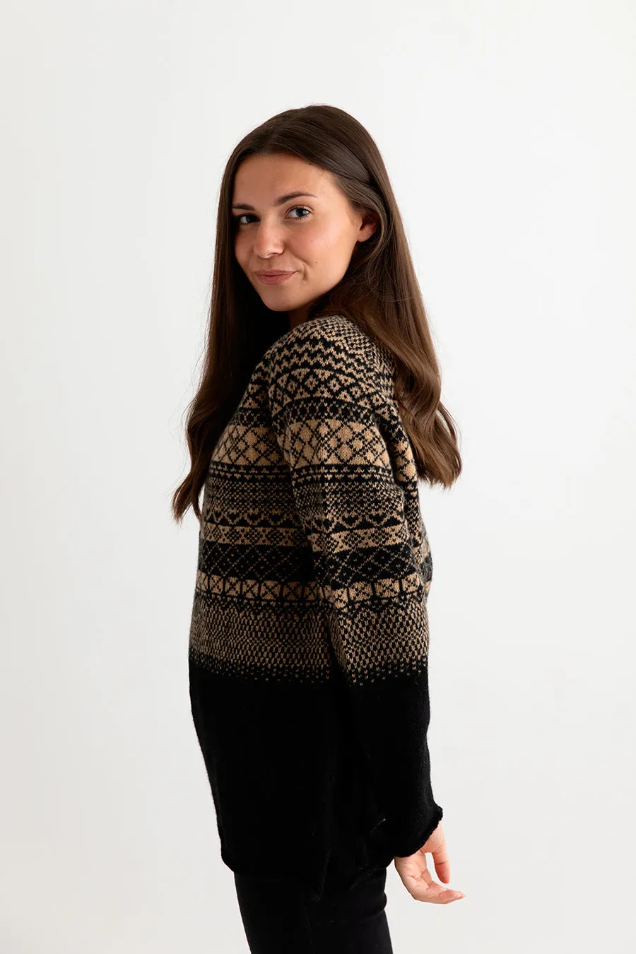 Womens Lace Fair Isle Tunic Jumper - Black Camel