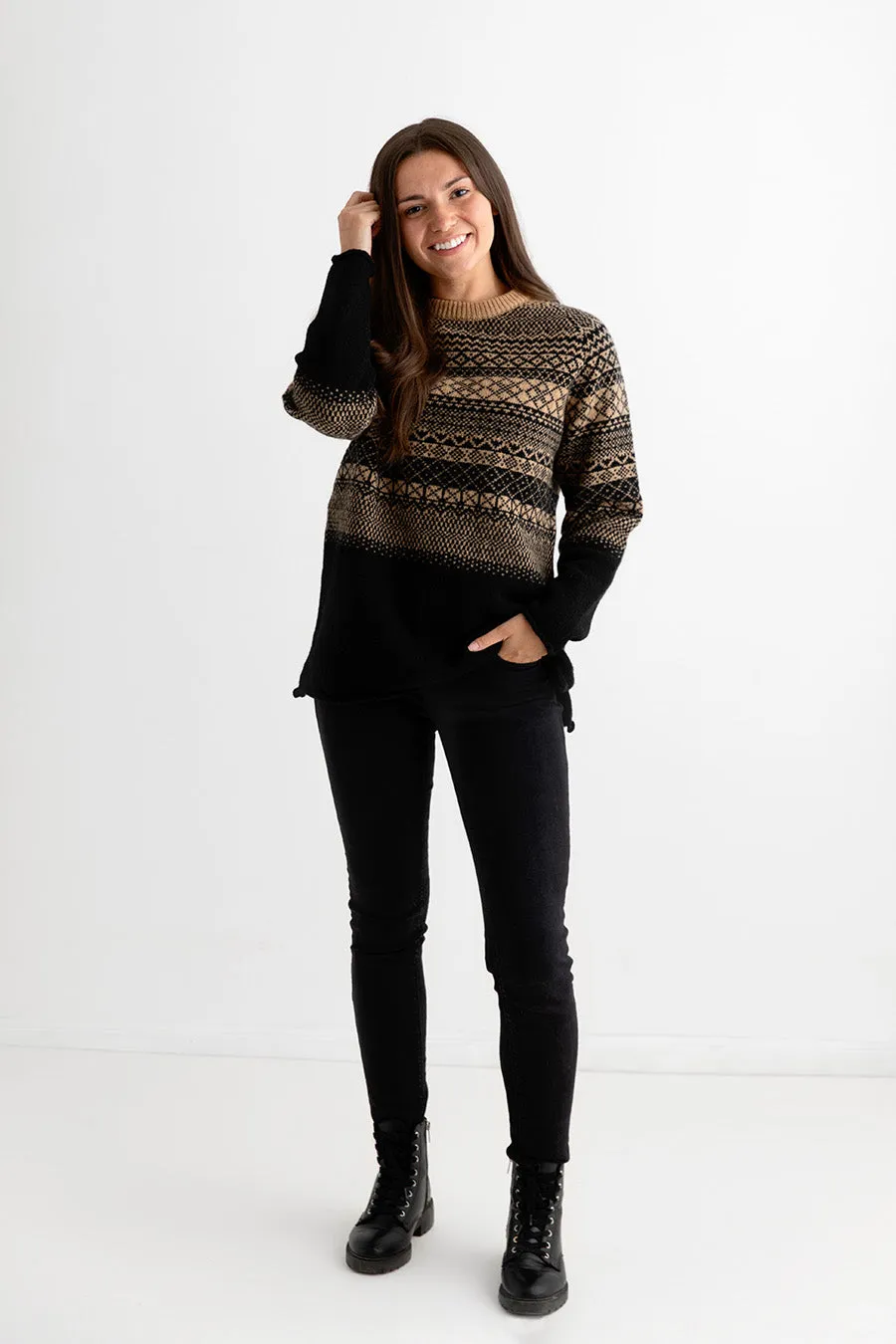 Womens Lace Fair Isle Tunic Jumper - Black Camel