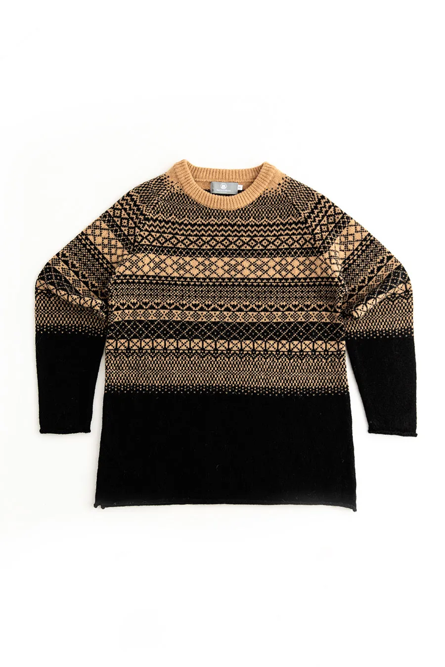 Womens Lace Fair Isle Tunic Jumper - Black Camel