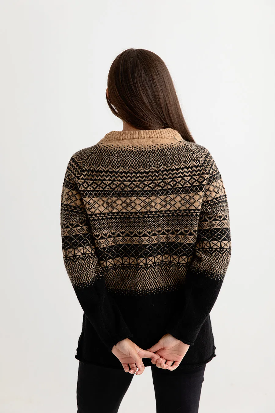 Womens Lace Fair Isle Tunic Jumper - Black Camel